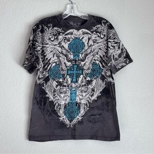 Inner Sanctum Charcoal and Teal Winged Cross Short Sleeves Tee size M